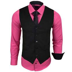 Baxboy Herren Hemd mit Weste Krawatte Anzugs Sakko Business Hochzeit Freizeit Hemden Frack Herrenweste Set wählbar B-44-HWKR, Farbe:Pink, Größe:M von Baxboy