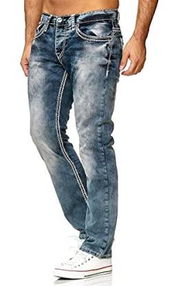 Baxboy Herren Jeanshose Dicke Naht Straight Fit Denim Neon Naht Stone Washed Stretch Jeans Hose, Farbe:9574 Blau(Weiss), Hosengröße:W30/L32 von Baxboy