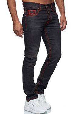 Baxboy Herren Jeanshose Dicke Naht Straight Fit Denim Neon Naht Stone Washed Stretch Jeans Hose, Farbe:9574 Schwarz_Rot, Hosengröße:W31/L32 von Baxboy