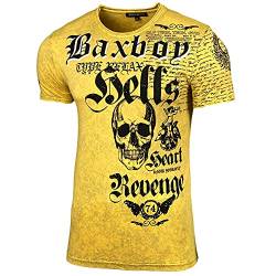 Baxboy Herren Sommer Rundhals-Ausschnitt Vintage Oil Washed Sportlich elegant Totenkopf Kurzarm T-Shirt Slim Fit Design Crew Neck Fashion Top Print Shirt B-06, Farbe:Camel, Größe:S von Baxboy