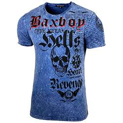 Baxboy Herren Sommer Rundhals-Ausschnitt Vintage Oil Washed Sportlich elegant Totenkopf Kurzarm T-Shirt Slim Fit Design Crew Neck Fashion Top Print Shirt B-06, Farbe:Sax, Größe:M von Baxboy