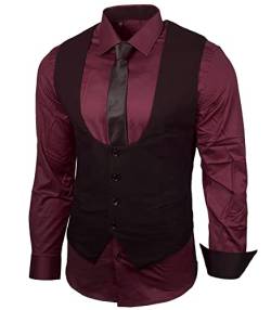 Herren Hemd Weste Krawatte Set Business Anzugweste Westen Slim Fit Smoking Frack Business Herrenanzug-Set Sakko B-101, Farbe:Bordeaux, Größe:M von Baxboy