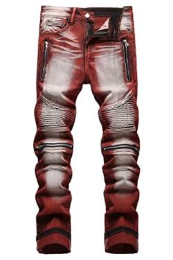 Baylvn Herren Designer Straight Slim Fit Patchwork Jeans Komfort Skinny Biker Denim Hose, 8350 Rot, 50 von Baylvn