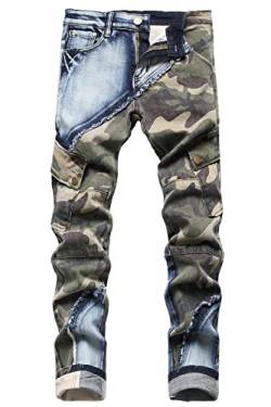 Baylvn Herren Designer Straight Slim Fit Patchwork Jeans Skinny Biker Denim Hose, 3132 Camo & Blau, 46 von Baylvn