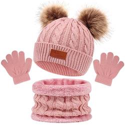 3 Stück Mädchen Winter Beanie Hut, Schal, Handschuhe Set,Kinder Wintermütze Schal Handschuhe Set, Mütze Warme Beanie Hut Jungen Handschuhe Runder Schal Set für Kinder 1-6 Jahre Alt (Rosa) von Baynetin