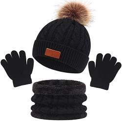3in1 Winter Beanie Hut, Schal, Handschuhe Set, Wintermütze Mädchen , Baby Mütze Warme Jungen Runder für Kinder 1-5 Jahre Alt(Schwarz) von Baynetin