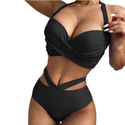 Badeanzüge für Frauen,Hohe Taille Damenbikinis,Wickel Bikini Set Fraue,Criss Cross String High Waisted Push Up 2 Stück Badeanzug Einfarbig Badeanzüge Deep V-Neck Sporty Beach Bikini (Schwarz, XXL) von Baynetin