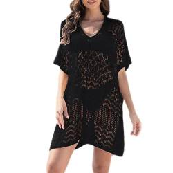 Baynetin Damen Bikini Cover Up Strandkleid, Strandponcho V-Ausschnitt Sexy Cutout Beach Bademode Badeanzug Crochet Cover Up Taille Seite Schlitz Strand Sommerkleid (Schwarz) von Baynetin