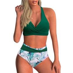 Baynetin Damen Bikini Set Zweiteiliger Badeanzug V Ausschnitt überkreuztes Blumenmuster Sexy Push Up Bademode Bauchkontrolle Swimsuit (Grüne Blätter, XL) von Baynetin