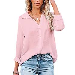 Baynetin Damen Bluse-Kurzarm/Langarm-V-Ausschnitt-Elegante Button down-Oberteile Casual Business Arbeit Tops Langarmshirt Kurzarmshirt (Rosa, M) von Baynetin