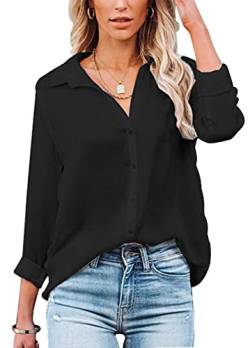 Baynetin Damen Bluse-Kurzarm/Langarm-V-Ausschnitt-Elegante Button down-Oberteile Casual Business Arbeit Tops Langarmshirt Kurzarmshirt (Schwarz, M) von Baynetin