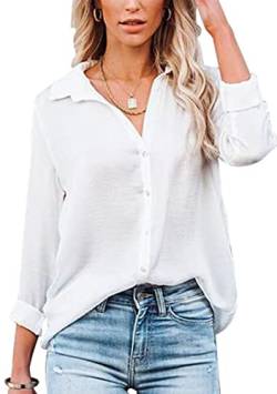 Baynetin Damen Bluse-Kurzarm/Langarm-V-Ausschnitt-Elegante Button down-Oberteile Casual Business Arbeit Tops Langarmshirt Kurzarmshirt (Weiß, XL) von Baynetin