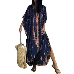 Baynetin Damen Long Strandkleid, Maxi Beach Kleid Boho Kimono Lang Strand Cardigan Beachwear,Strandponcho Druck Lose Kaftan Nachtwäsche Bikini Cover-Up Einheitsgröße (Tibet blau) von Baynetin