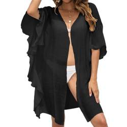 Baynetin Damen Strandkleid Bikini Cover Up Einteilig, Gerüschte Strickjacke, Tiefer V-Ausschnitt Sexy Cardigan Beachwear Cover Ups Sommer Beach Kleid (Schwarz) von Baynetin