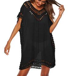 Baynetin Damen Strandkleid Bikini Cover Up Sommer Strandponcho Strandurlaub Badeanzug V-Ausschnitt Beachwear Bikini Cover-Ups (Schwarz) von Baynetin