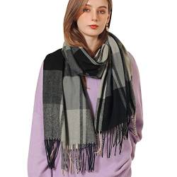 Baynetin Damen Winter Senior Plaid Kaschmir Schal,Kariert Pashmina Übergroßer Herbstschal Stolen,Tartan Schultertuch Mit Quasten,Karomuster Warmer Oversized Fransen Poncho (Schwarze Tinte) von Baynetin