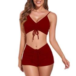 Baynetin Damen Zweiteiliger Bikini Set Ties-up V Ausschnitt Bademode Badeanzug Bikinio Mode High Waist Verstellbar Sport Sexy Bauchkontroll Beachwear Swimwear Strandkleidung (Rotwein, XXL) von Baynetin