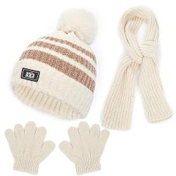 Baynetin Kinder Pom Mütze Schal Handschuhe Set,Warme Streifen Beanie Wintermütze Lange Schal und Handschuhe Set für 2-8 Jahre Jungen Mädchen Winter Accessoires Sets Outdoor Sport (Beige) von Baynetin