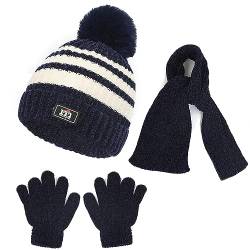 Baynetin Kinder Pom Mütze Schal Handschuhe Set,Warme Streifen Beanie Wintermütze Lange Schal und Handschuhe Set für 2-8 Jahre Jungen Mädchen Winter Accessoires Sets Outdoor Sport (Marineblau) von Baynetin