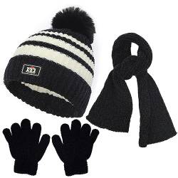 Baynetin Kinder Pom Mütze Schal Handschuhe Set,Warme Streifen Beanie Wintermütze Lange Schal und Handschuhe Set für 2-8 Jahre Jungen Mädchen Winter Accessoires Sets Outdoor Sport (Schwarz) von Baynetin