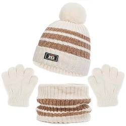 Baynetin Kinder Pom Mütze Schal Handschuhe Set,Warme Streifen Beanie Wintermütze Runder Schal und Handschuhe Set für 2-8 Jahre Jungen Mädchen Winter Accessoires Sets Outdoor Sport (Beige) von Baynetin