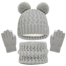 Baynetin Kinder Wintermütze Schal Handschuhe Mädchen Set,Winter Beanie Hut, Schal, Handschuhe Set, Warme Beanie Hut Jungen Touchscreen Handschuhe Runder Schal für Kinder 2-8 Jahre (Grau) von Baynetin