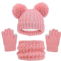 Baynetin Kinder Wintermütze Schal Handschuhe Mädchen Set,Winter Beanie Hut, Schal, Handschuhe Set, Warme Beanie Hut Jungen Touchscreen Handschuhe Runder Schal für Kinder 2-8 Jahre (Rosa2) von Baynetin