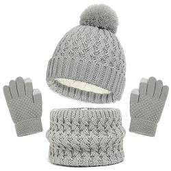 Baynetin Kinder Wintermütze Schal Handschuhe Set, 3 Stück Mädchen Warme Pompom Beanie Hut Touchscreen Handschuhe Runder Schal Set mit Fleece Gefüttert für Jungen Mädchen 2-8 Jahre (Grau) von Baynetin