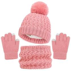 Baynetin Kinder Wintermütze Schal Handschuhe Set, 3 Stück Mädchen Warme Pompom Beanie Hut Touchscreen Handschuhe Runder Schal Set mit Fleece Gefüttert für Jungen Mädchen 2-8 Jahre (Rosa2) von Baynetin