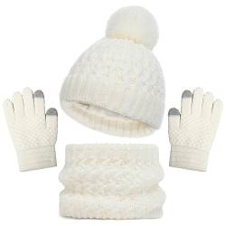 Baynetin Kinder Wintermütze Schal Handschuhe Set, 3 Stück Mädchen Warme Pompom Beanie Hut Touchscreen Handschuhe Runder Schal Set mit Fleece Gefüttert für Jungen Mädchen 2-8 Jahre (Weiß) von Baynetin