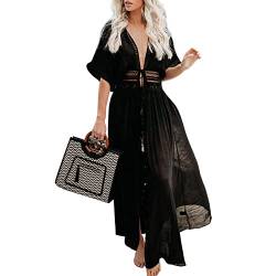 Baynetin Long Beach Kleid für Frauen,Damen Sommer Bikini Maxi Strandkleid Boho Kimono Lang Strand Cardigan Beachwear,Spitze Häkeln Front Offen Bikini Cover up (Schwarz,Einheitsgröße) von Baynetin