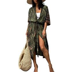 Long Beach Kleid für Frauen, Damen Lose Sommer Pareos, Maxi Strandkleid Boho Kimono Lang Strand Cardigan Beachwear, Front Offen Blumen Bluse Bikini Cover-Up Einheitsgröße (Militärisch grün) von Baynetin