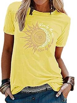 Sommer Damen T-Shirt Sonne Und Mond Sunflower Print Muster, Tee Shirt Rundhalsausschnitt Basic Kurzarm Lose Damen Rundhals Casual Top (Gelb, XL) von Baynetin