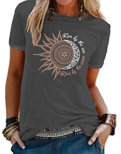 Sommer Damen T-Shirt Sonne Und Mond Sunflower Print Muster, Tee Shirt Rundhalsausschnitt Basic Kurzarm Lose Damen Rundhals Casual Top (Grau, L) von Baynetin