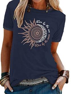 Sommer Damen T-Shirt Sonne Und Mond Sunflower Print Muster, Tee Shirt Rundhalsausschnitt Basic Kurzarm Lose Damen Rundhals Casual Top (Marina, XL) von Baynetin