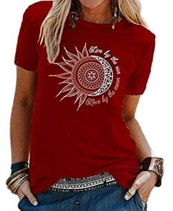 Sommer Damen T-Shirt Sonne Und Mond Sunflower Print Muster, Tee Shirt Rundhalsausschnitt Basic Kurzarm Lose Damen Rundhals Casual Top (Rotwein, XL) von Baynetin