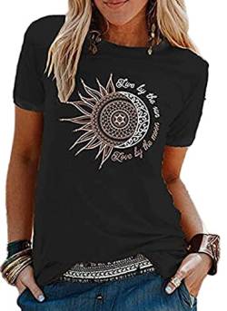 Sommer Damen T-Shirt Sonne Und Mond Sunflower Print Muster, Tee Shirt Rundhalsausschnitt Basic Kurzarm Lose Damen Rundhals Casual Top (Schwarz, L) von Baynetin