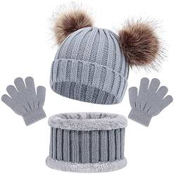 Winter Beanie Hut, Schal, Handschuhe Set, 3 Stück Mädchen Kinder Wintermütze Schal Handschuhe Set, Mütze Warme Beanie Hut Jungen Handschuhe Runder Schal Set für Kinder 1-6 Jahre Alt (Grau) von Baynetin