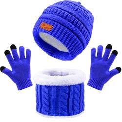 Winter Strickmütze Mütze Schal Handschuhe Set 3 in 1, Verdicken Thermisch Strickmütze Mütze, Schal, Touchscreen Handschuhe Sets, Winterzubehör-Sets Geschenke für Kinder im Freien (A2-10Blau, L) von Baynetin