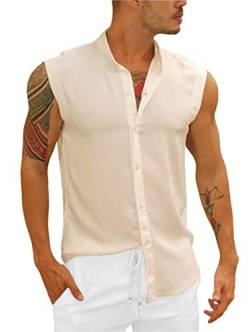 Bbalizko Herren Ärmellose Button-Down-Shirts Leinen Baumwolle Sommer Strand Basic Tank T-Shirt Tops, zz-beige, Mittel von Bbalizko