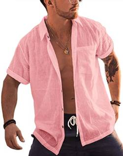 Bbalizko Herren kurzärmeliges Hemd mit Knopfleiste, Leinen-Baumwolle, Strand-Top, breiter Kragen, einfarbig, Sommer-T-Shirt mit Tasche - Pink - Groß von Bbalizko