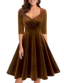 Bbonlinedress Abendkleid elegant für Hochzeit Weihnachtskleider Damen Knielang festlich 3/4 arm V-Ausschnitt Samtkleider Winter Freizeitkleider Brown M von Bbonlinedress