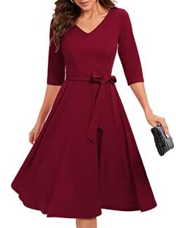 Bbonlinedress Abendkleid lang 3/4 arm V-Ausschnitt Midi Elegante Kleider Langarm Festliche Kleider Vintage Cocktailkleid Kleider Burgundy L von Bbonlinedress