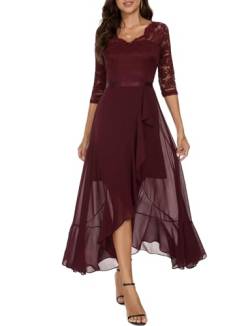 Bbonlinedress Abendkleider Langarm elegant Damen Winterkleid Spitze Chiffon V-Ausschnitt Brautjunferkleid Party Abschlusskleid Ballkleid festliches Weihnachtskleid Burgundy XL von Bbonlinedress