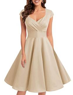 Bbonlinedress Abendkleider elegant für Hochzeit gast festliches Kleid Damen 1950er Vintage Retro Rockabilly Kleider V-Ausschnitt Konfirmationskleider Cocktailkleid -1Champagne 2XL von Bbonlinedress