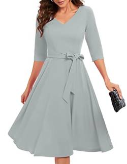 Bbonlinedress Damen Kleider elegant 3/4 arm V-Ausschnitt Midi Rockabilly Kleider mit Gürtel Abendkleid lang Festliche Kleider Grey S von Bbonlinedress