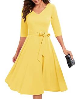 Bbonlinedress Festliche Kleider Damen 3/4 arm V-Ausschnitt Rockabilly Kleider Midilang Abendkleid lang Elegante Kleider mit Gürtel Yellow 3XL von Bbonlinedress