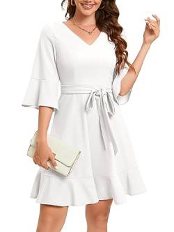 Bbonlinedress Festliche Kleider Damen V-Ausschnitt 3/4 arm Glockenärmeln Rockabilly Kleider Knielang Abendkleid Elegante für Hochzeit Freizeitkleider White 3XL von Bbonlinedress