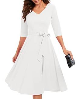 Bbonlinedress Festliche Kleider Damen Winterkleid 3/4 arm V-Ausschnitt Midi Kleider Rockabilly Kleider Cocktailkleid elegant für Hochzeit White XL von Bbonlinedress