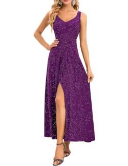 Bbonlinedress Glitzer Kleid Damen Abendkleider elegant Maxilang V-Ausschnitt Brautkleid Silvester Schlitz Partykleid festliches Cocktailkleid Grape 3XL von Bbonlinedress